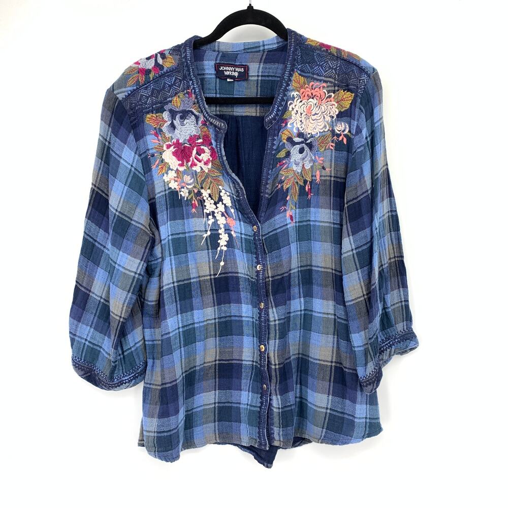 Johnny Was Workshop Womens XL Blue Plaid Floral Embroidered Blouse 3/4 Sleeve